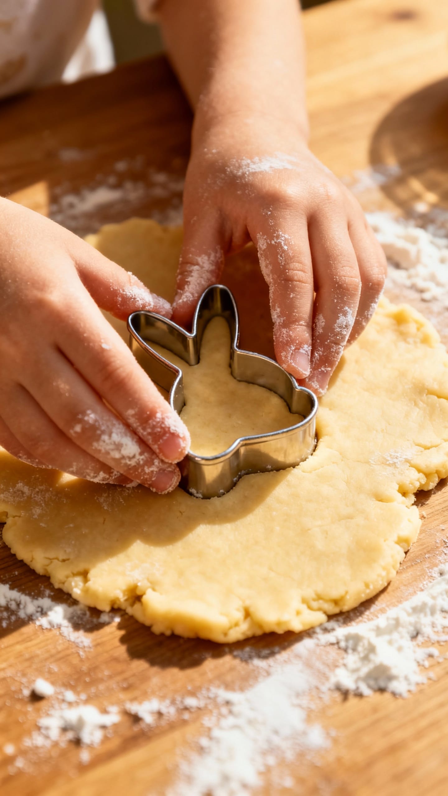Child’s flour-dusted hands pressing metal bunny cookie cutter into dough