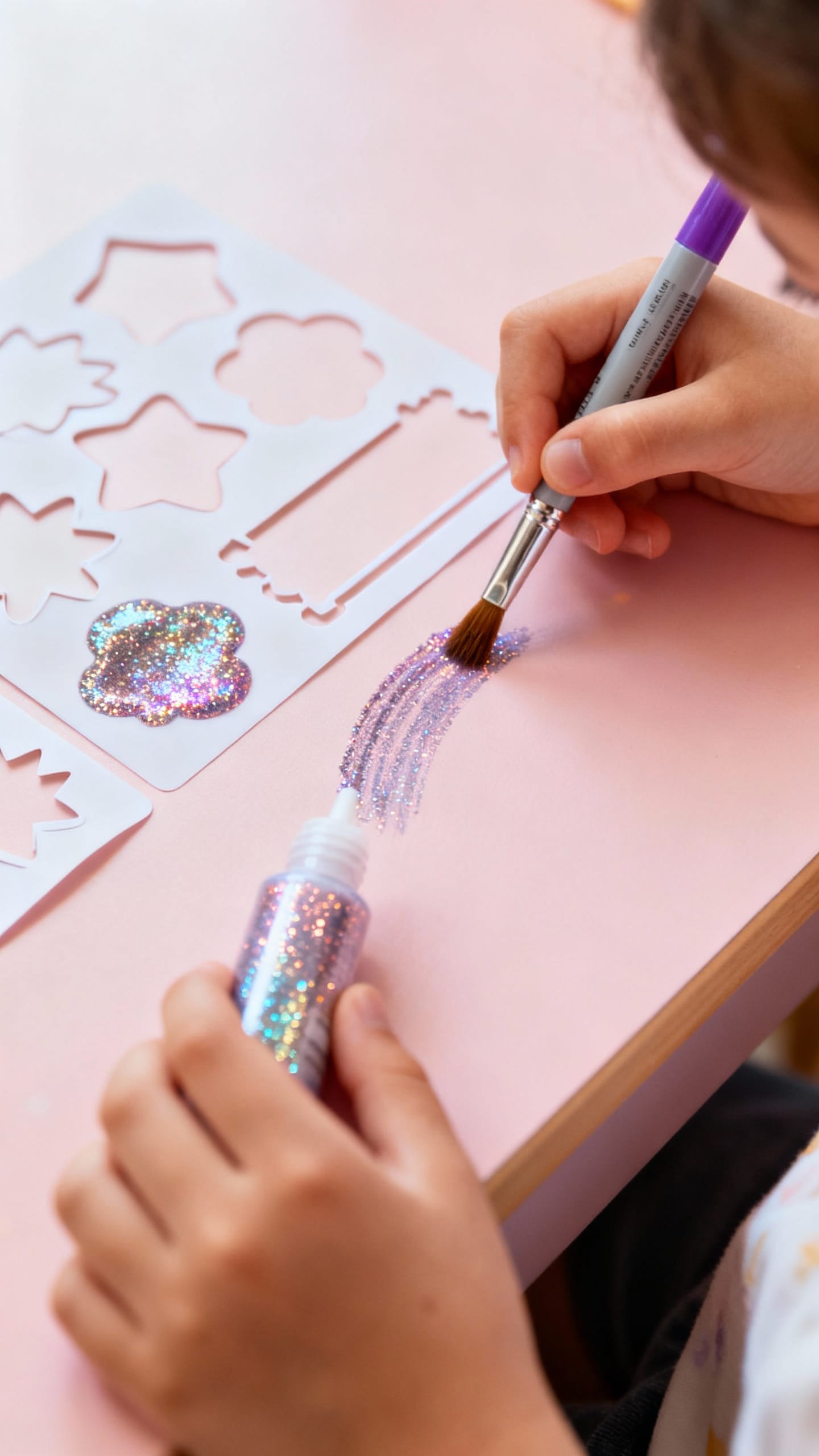 Closeup child hands drawing with brush pens, glitter glue, stencils, pastel desk