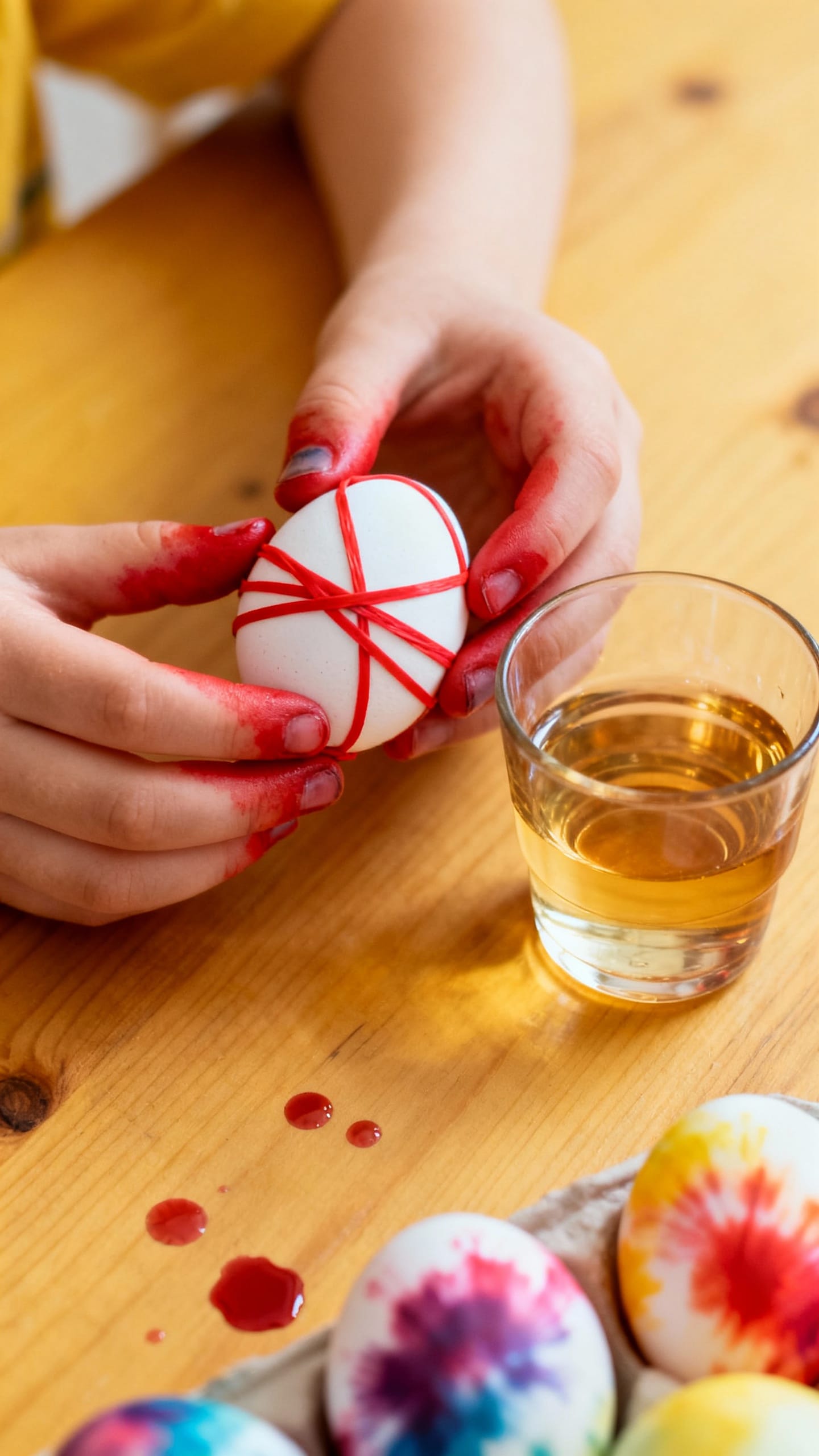 Closeup child hands dyeing Easter eggs, rubber bands, vinegar cups