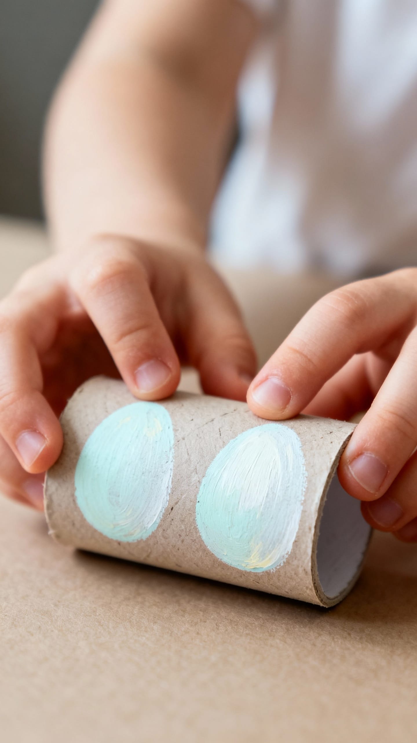 Closeup child hands stamping egg shapes with painted toilet roll
