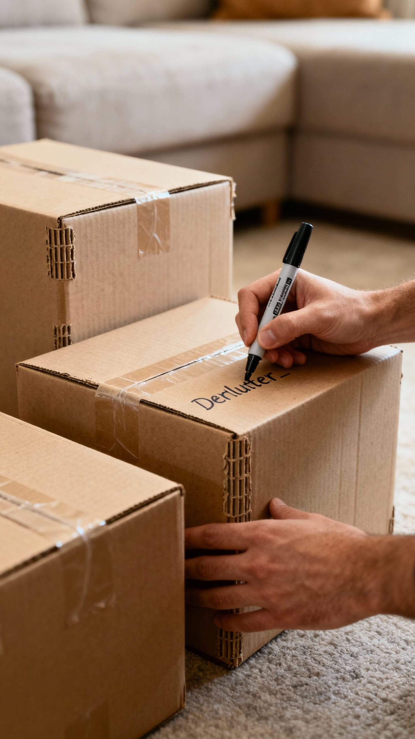 Closeup hands labeling three declutter boxes; cardboard, tape, marker, living room floor