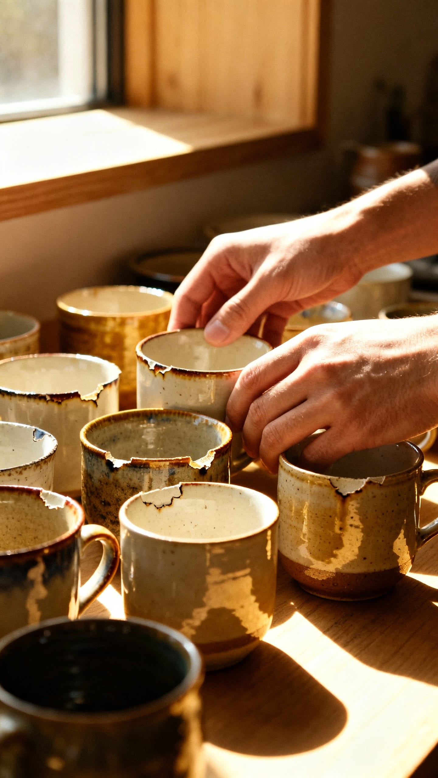 Closeup hands sorting kitchen tassen; mismatched ceramics, chipped rim, sunlight