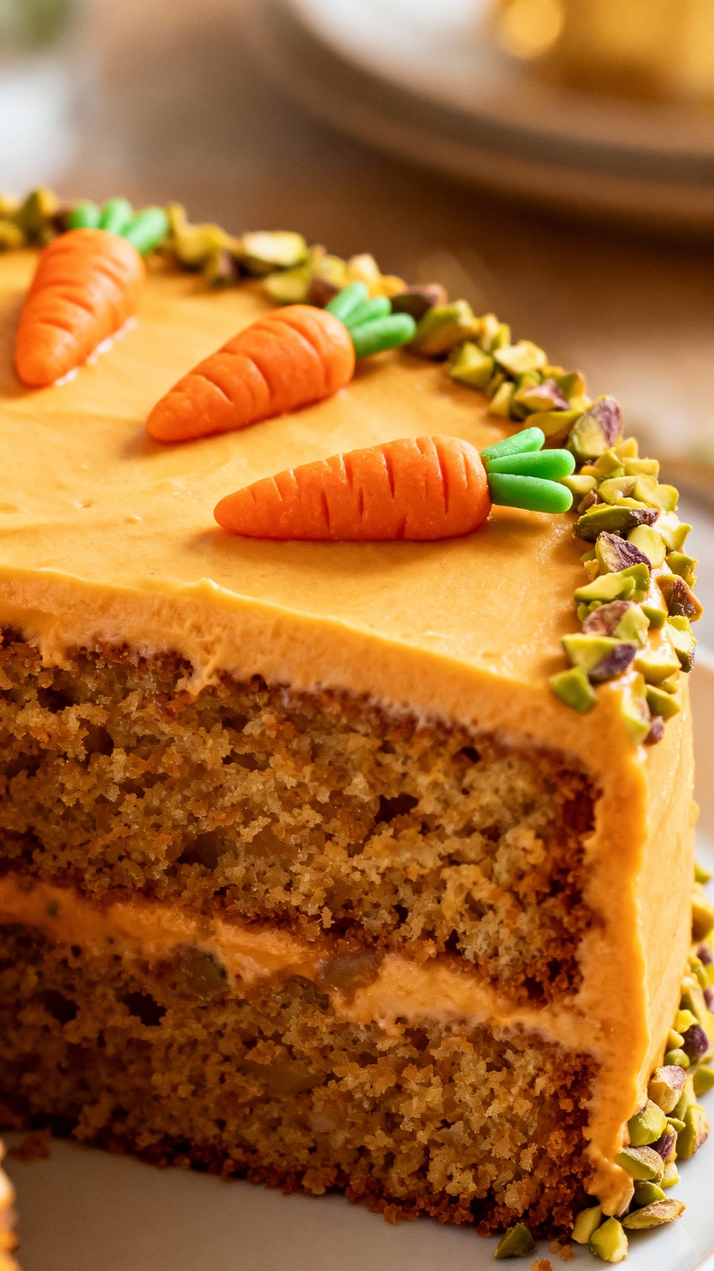 Closeup of frosted carrot cake slice, marzipan carrots, chopped pistachio rim, moist crumb