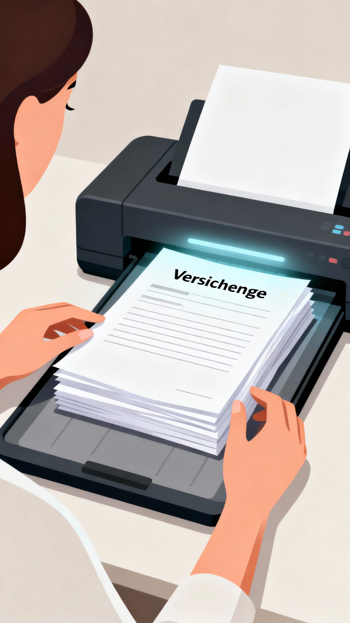 Female hands scanning Versicherungen papers; flatbed scanner glow, neat stacks, labels hidden