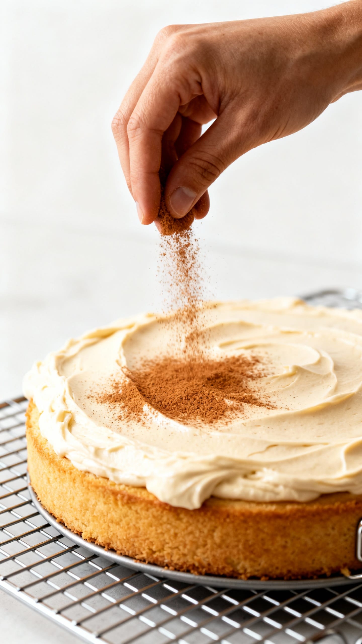Hand dusting cinnamon over cream cheese frosting, springform cake on cooling rack