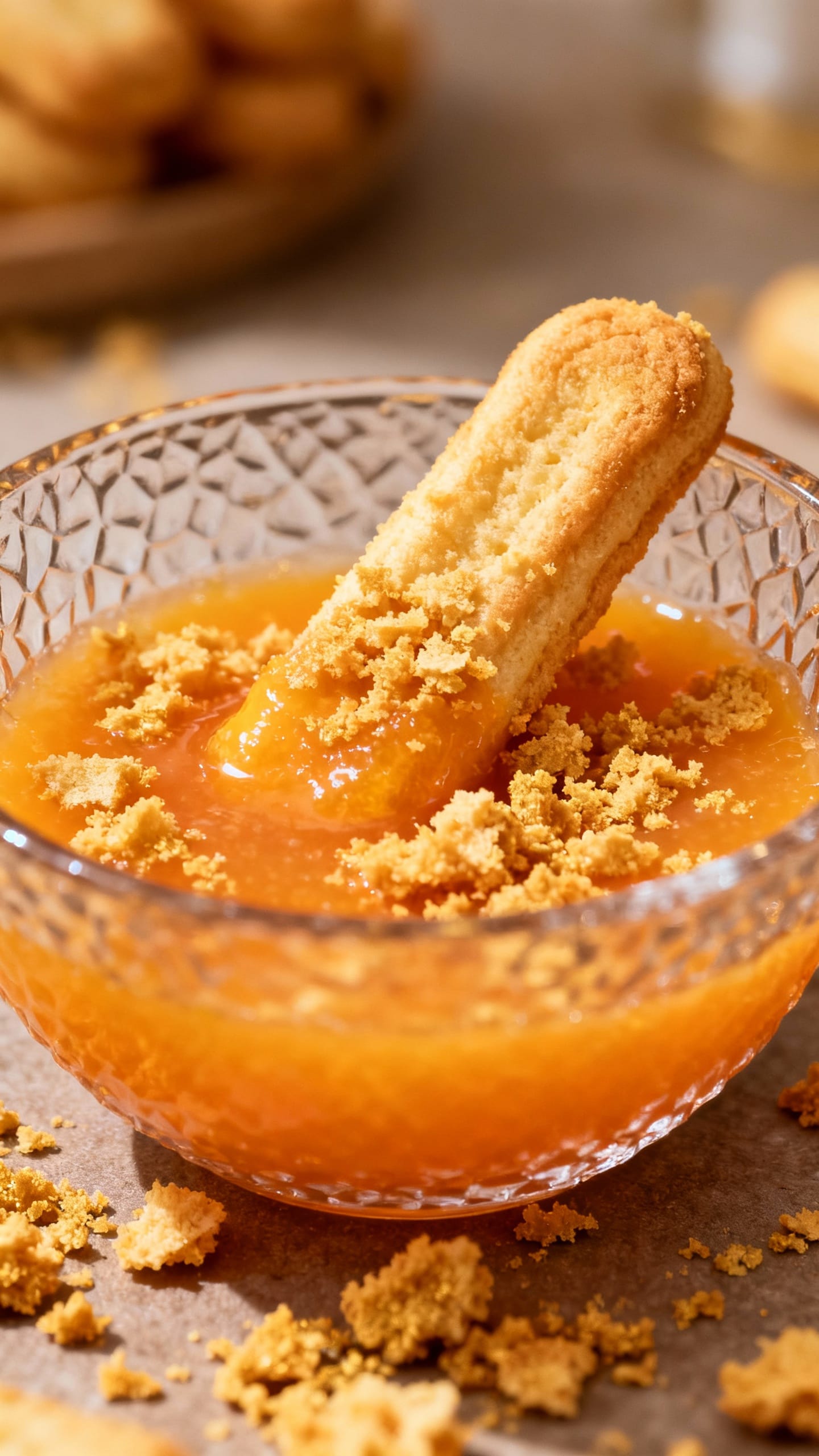 Macro shot: crumbled ladyfingers dipped in orangensaft, golden crumbs, textured glass bowl