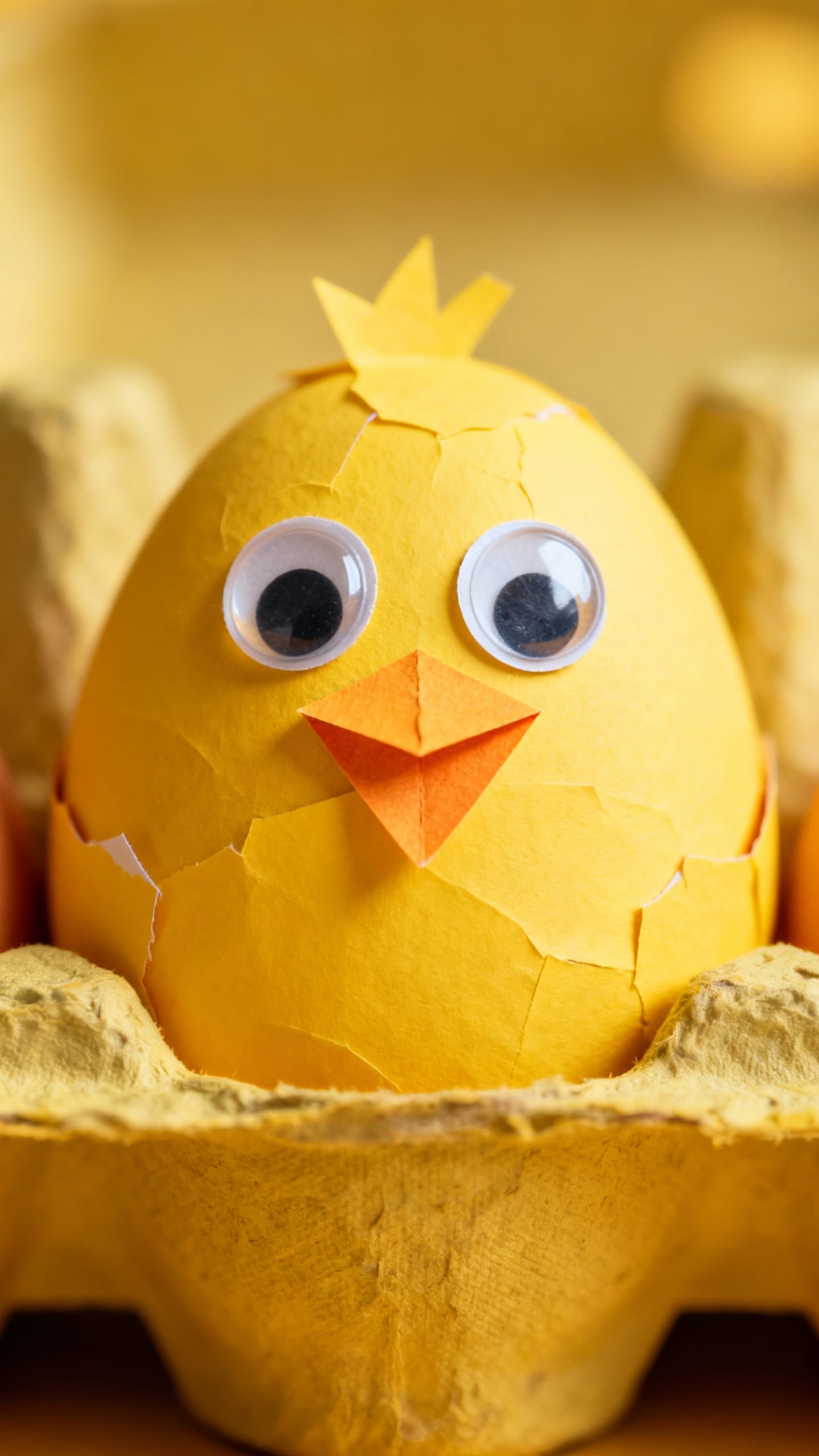 Macro shot yellow eggshell carton chick with paper beak, googly eyes