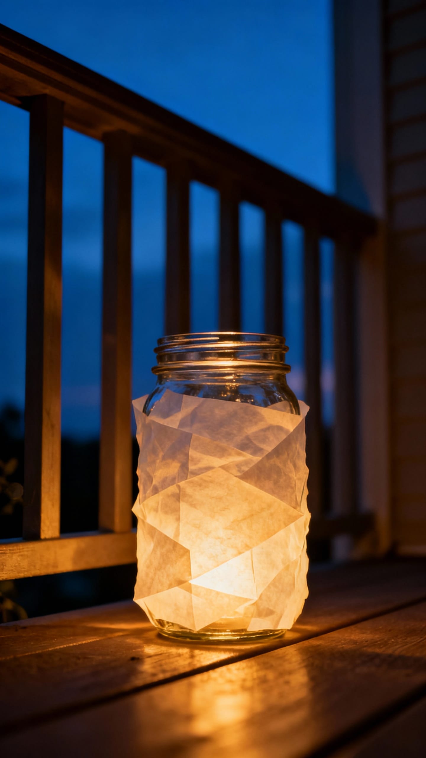 Mason jar lantern with translucent paper, LED glow, evening balcony