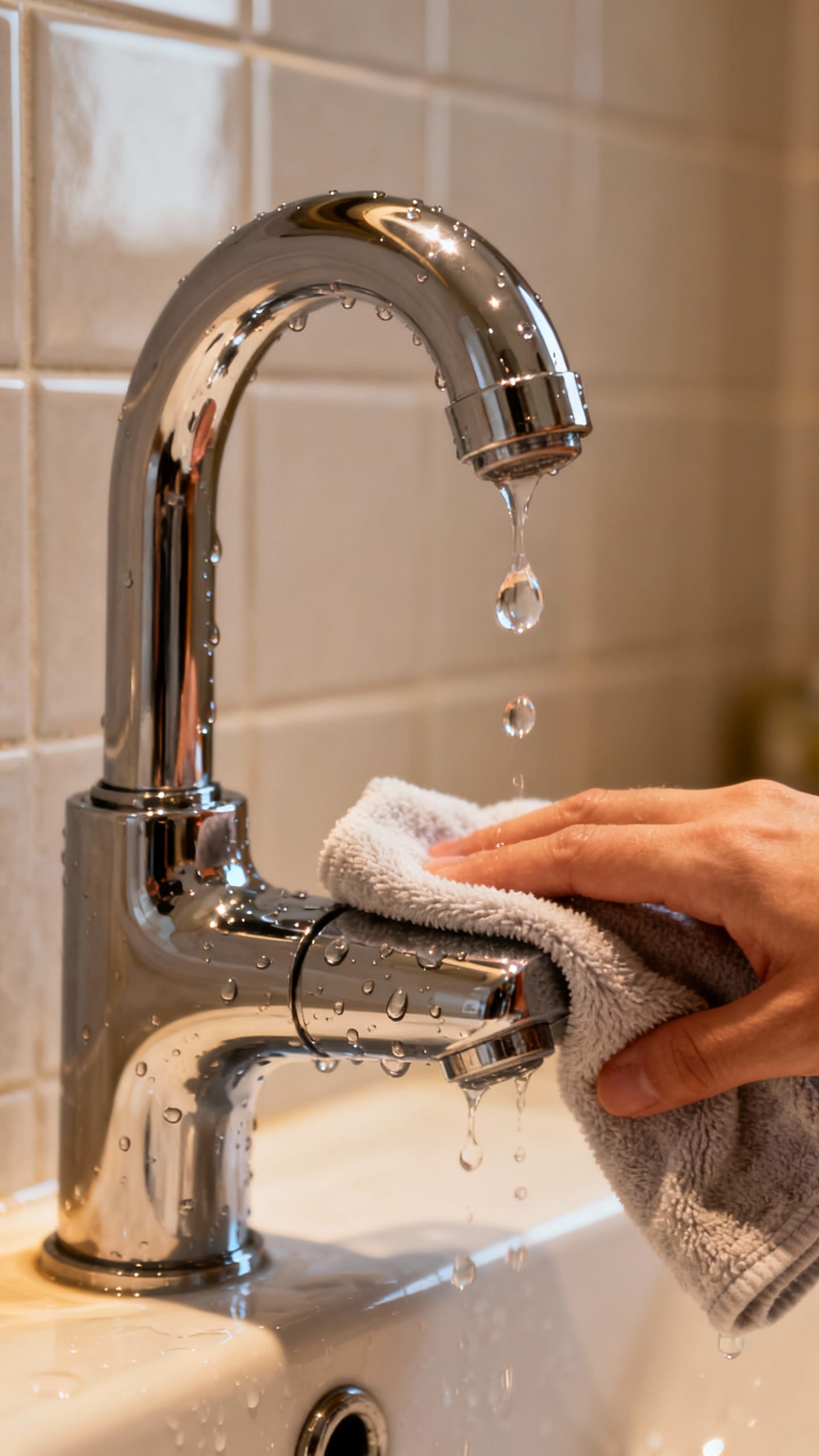 Microfiber cloth polishing chrome faucet; water droplets, bathroom tiles