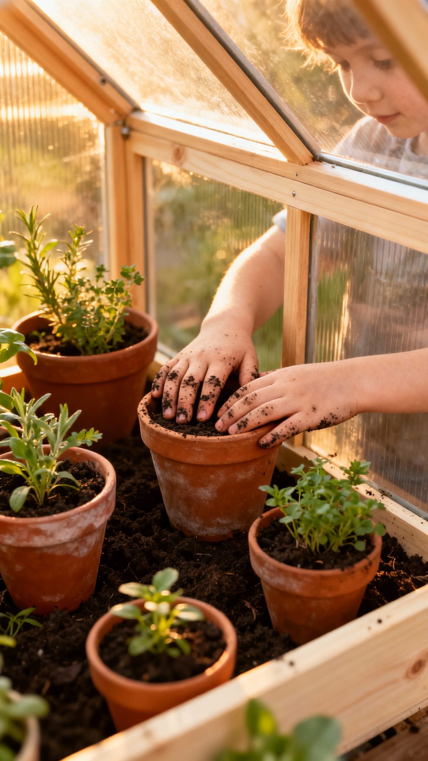 Mini greenhouse with labeled herb pots, soil-stained kids’ hands, morning light
