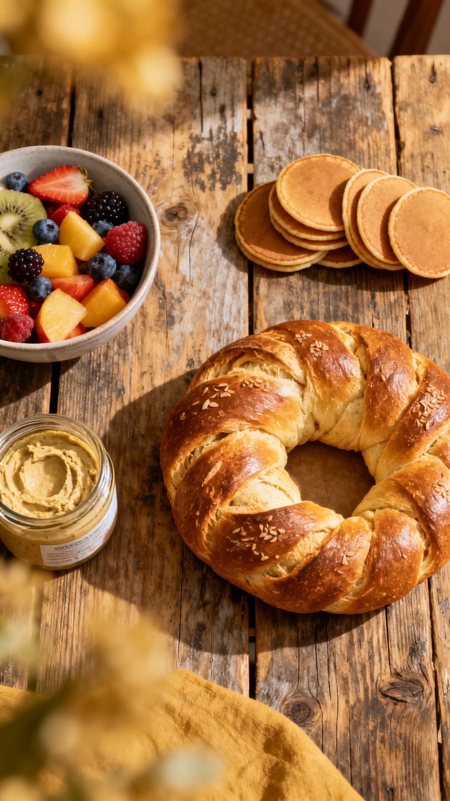 Overhead brunch spread: Hefezopf, mini pancakes, fruit, Hummus, rustic table