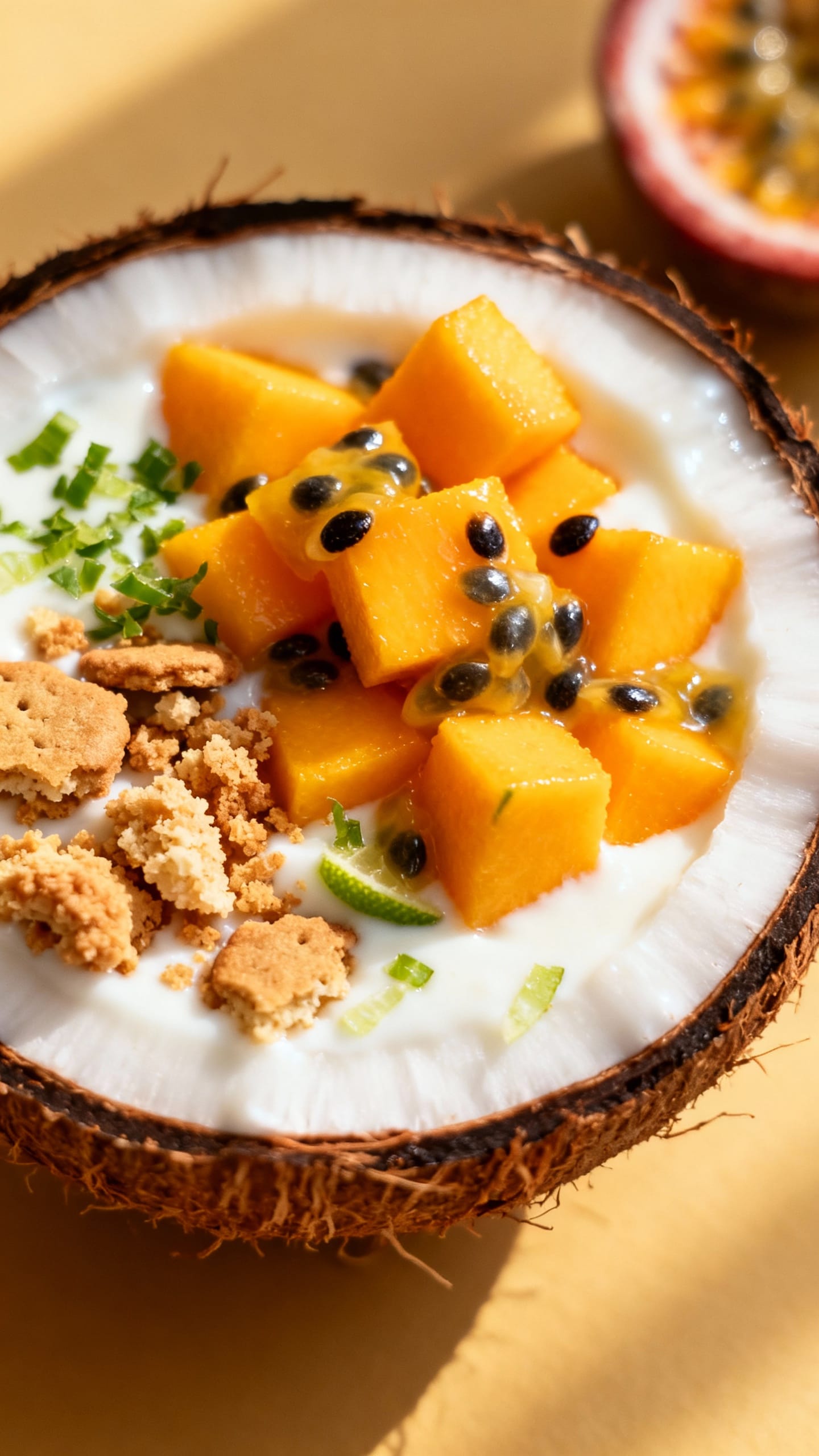 Overhead closeup: coconut yogurt with mango cubes, passionfruit seeds, lime zest, coconut cookie cru