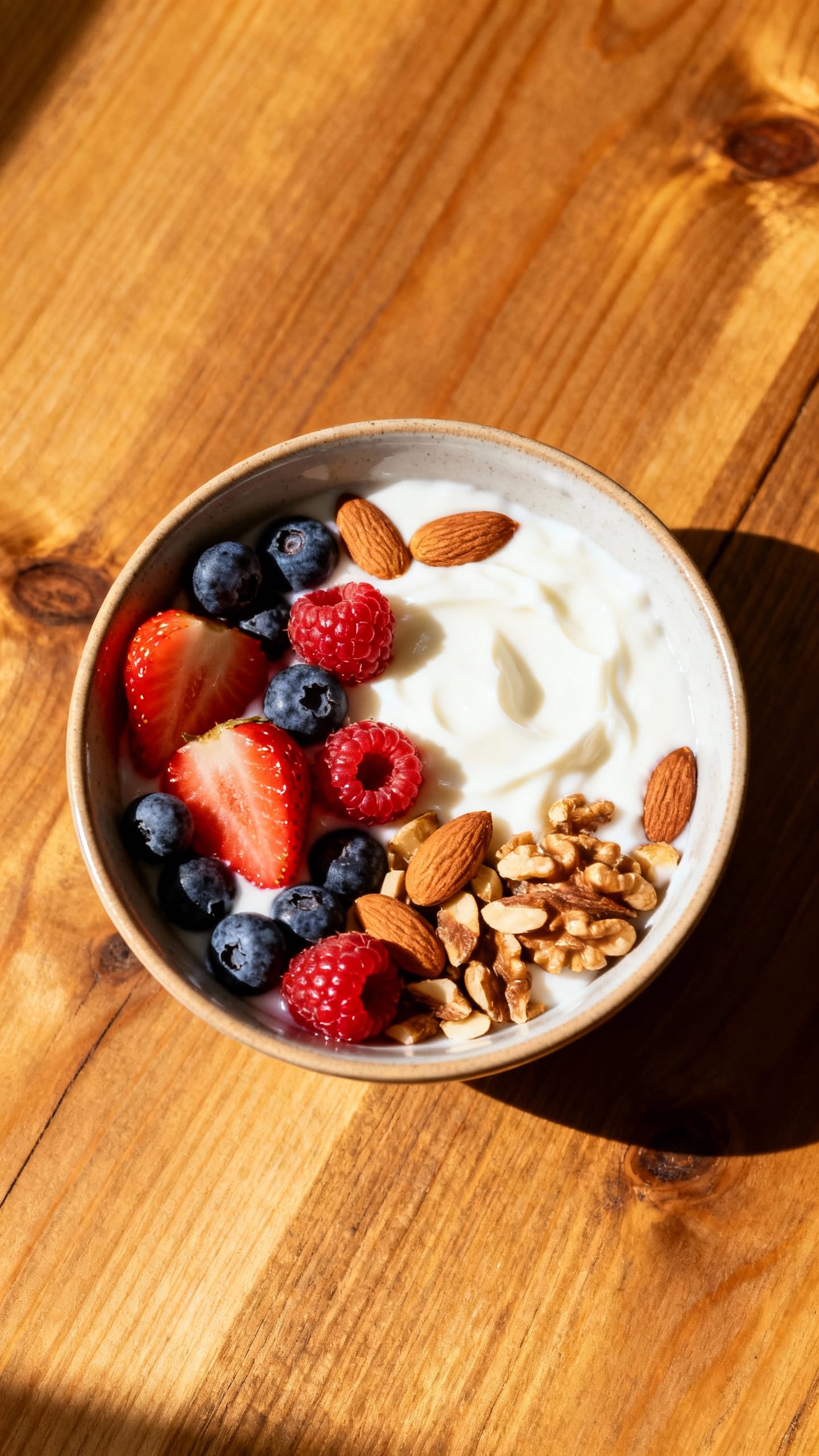 Overhead greek yogurt bowl with berries and nuts on wooden table