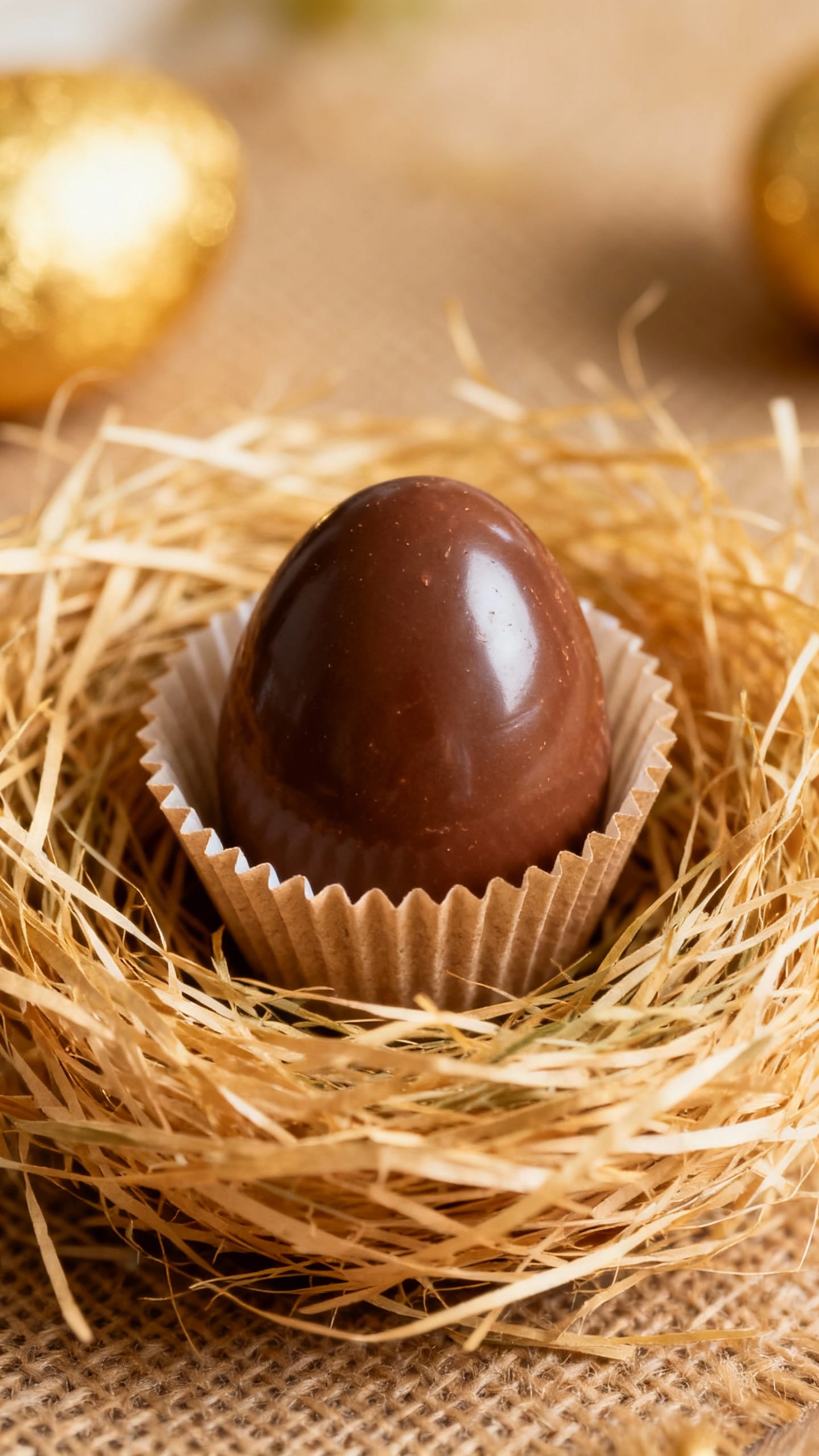 Overhead mini paper muffin-cup nest with paper grass, chocolate egg