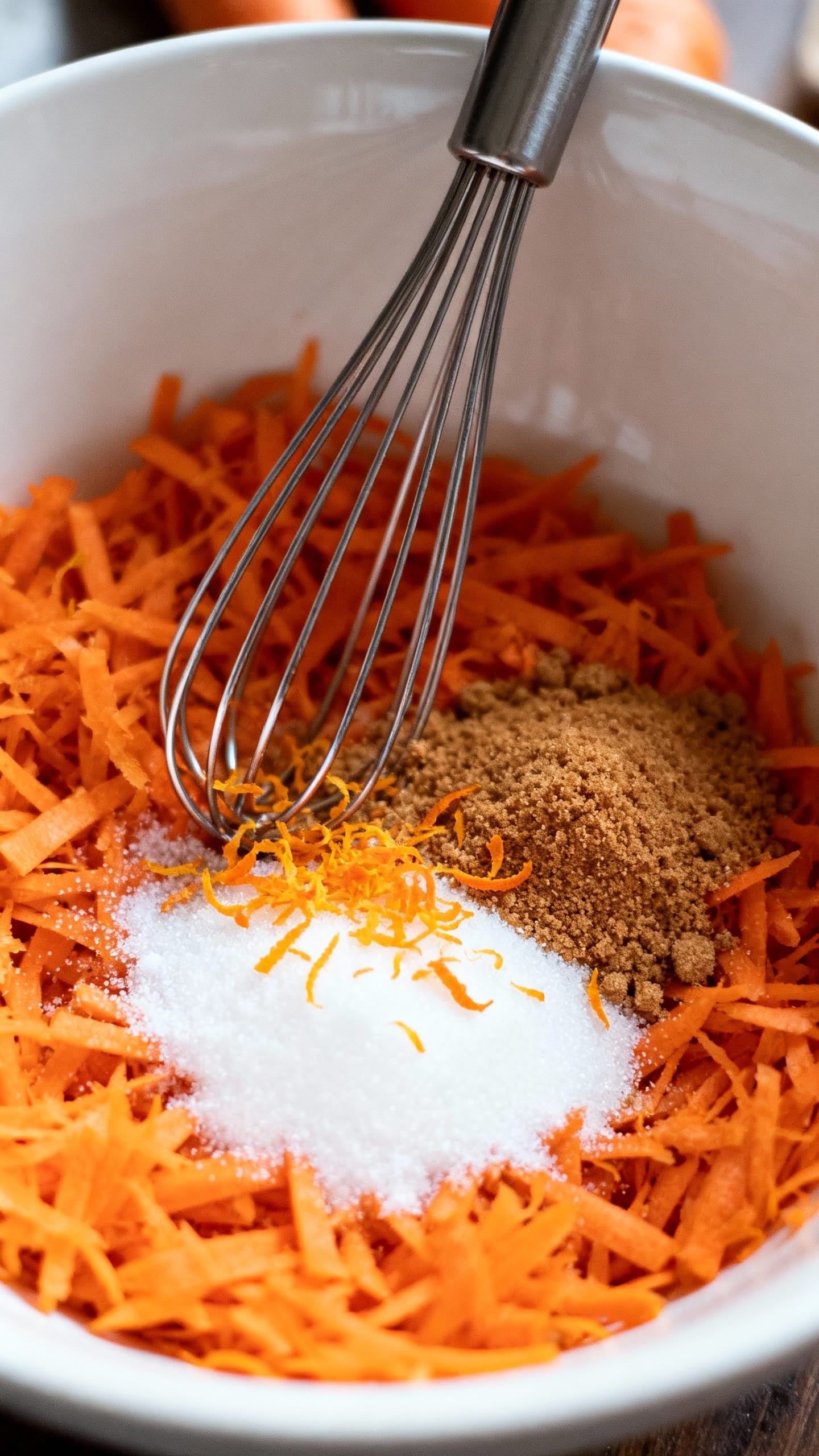 Overhead of mixing bowl with finely grated carrots, whisk, brown and white sugar, orange zest