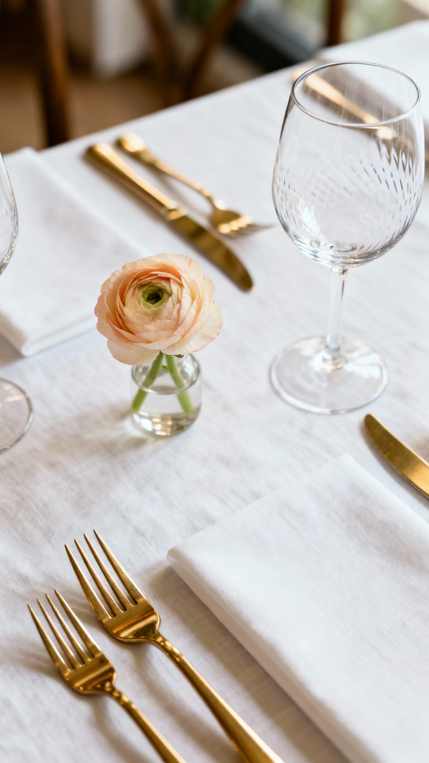 Overhead shot of off-white linen tablescape: gold cutlery, thin wine glasses, single ranunculus in s