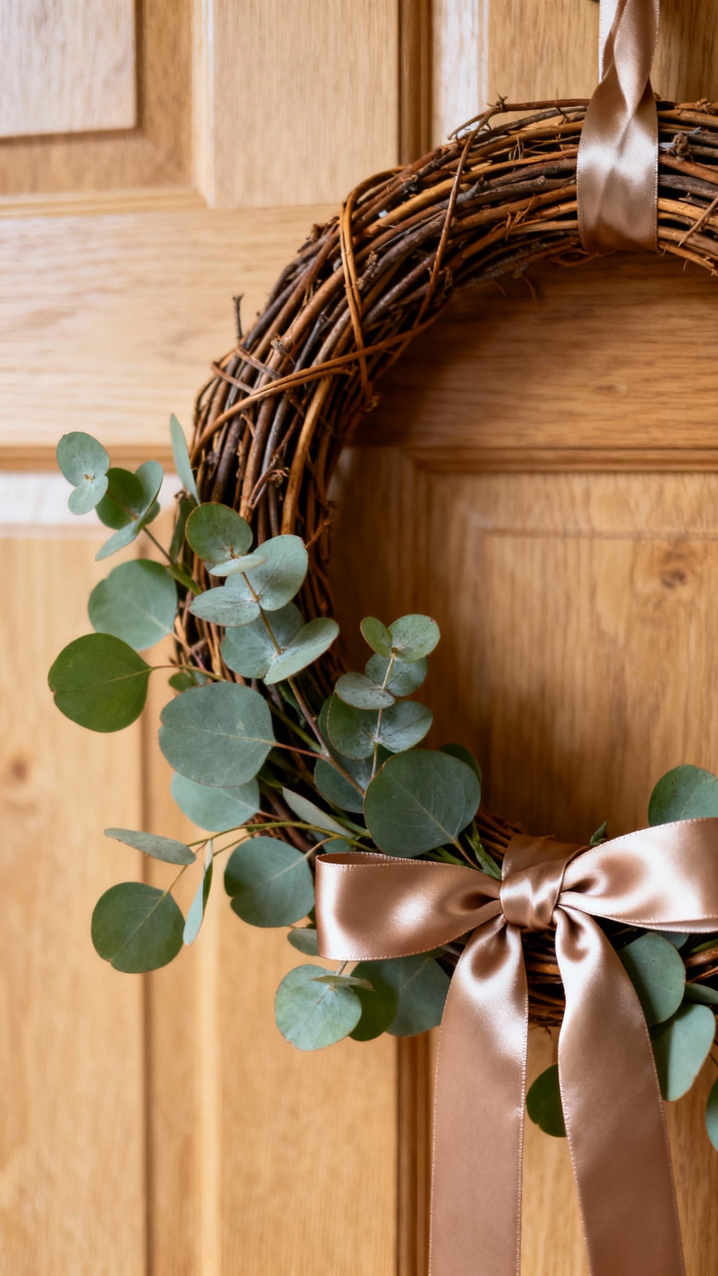 Rattan wreath with eucalyptus and satin ribbon door closeup