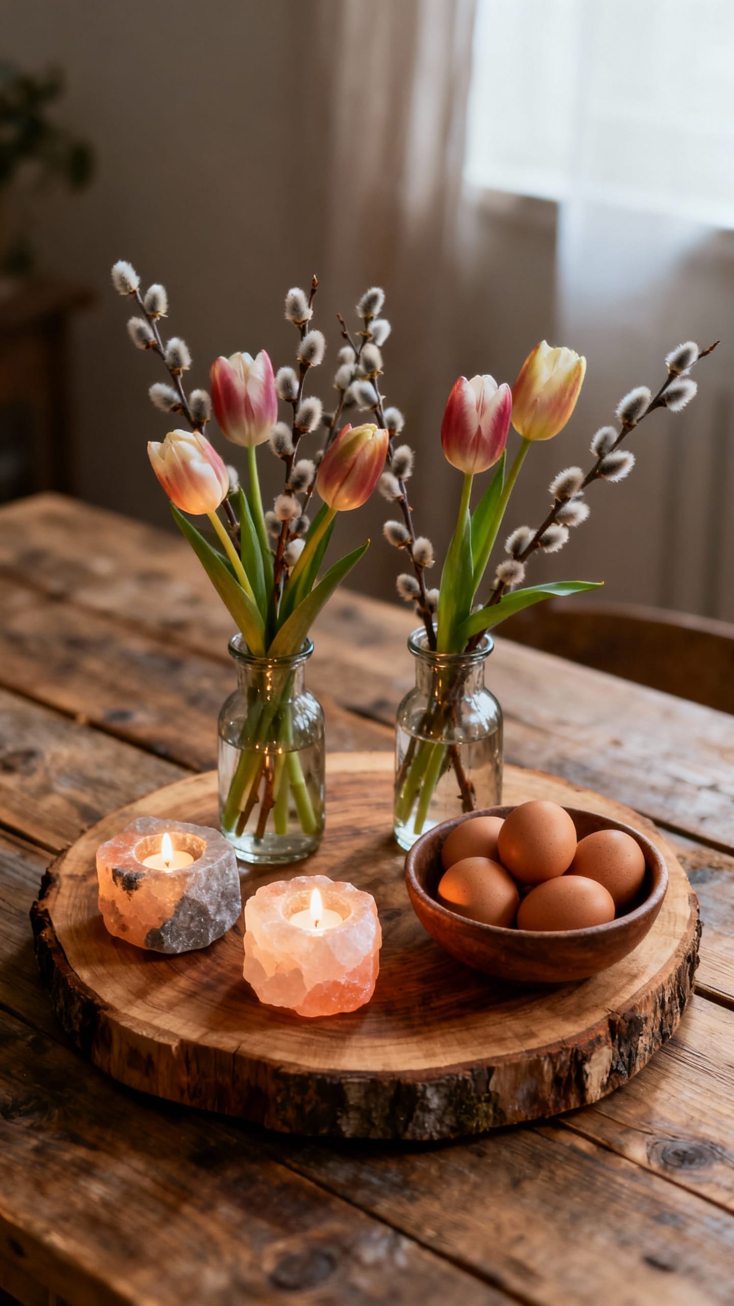 Rustic Holzbrett centerpiece: two Glasvasen with Tulpen and Weidekätzchen, Salzstein-Teelichter, bo