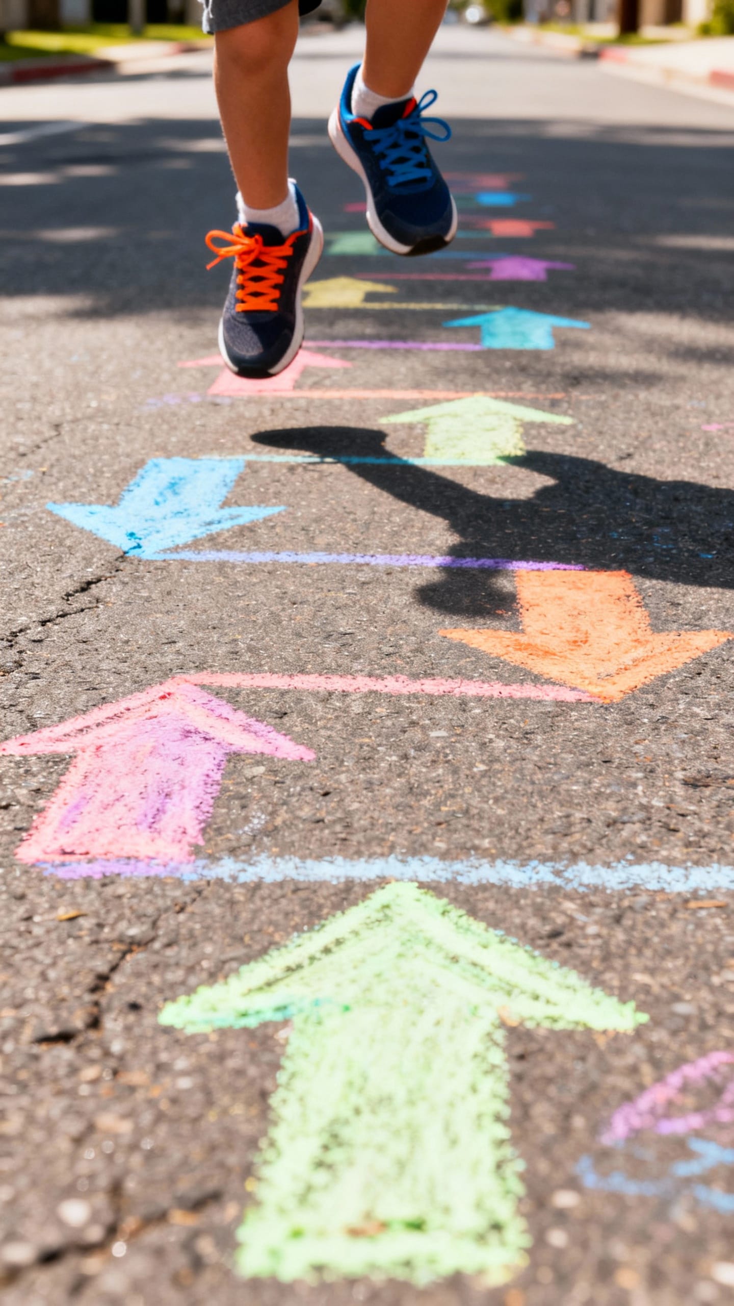 Street chalk obstacle course, kid’s sneakers mid-hop, colorful arrows