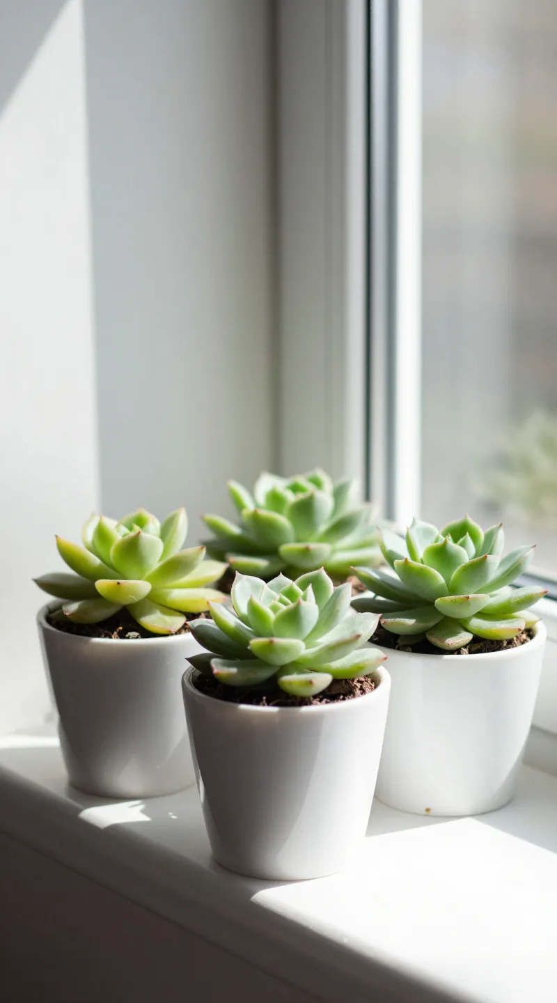 Succulent trio on sunny windowsill, minimalist white pot