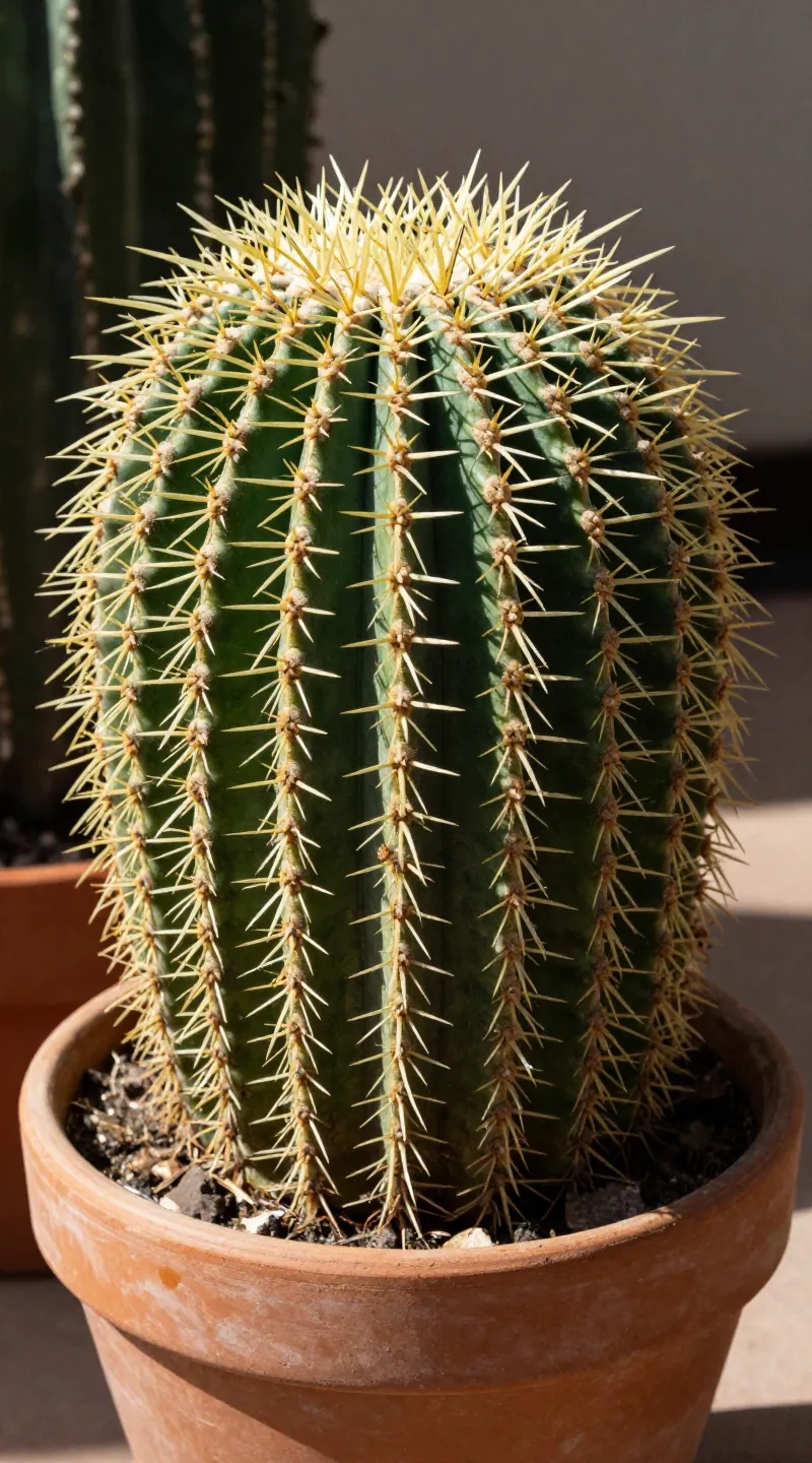 Golden barrel cactus in terracotta, harsh side light