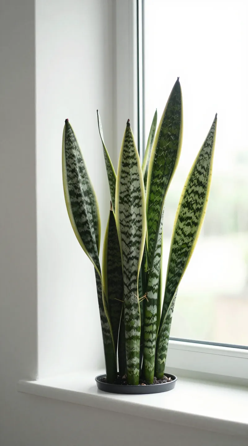 Snake plant by west-facing window, clean modern room
