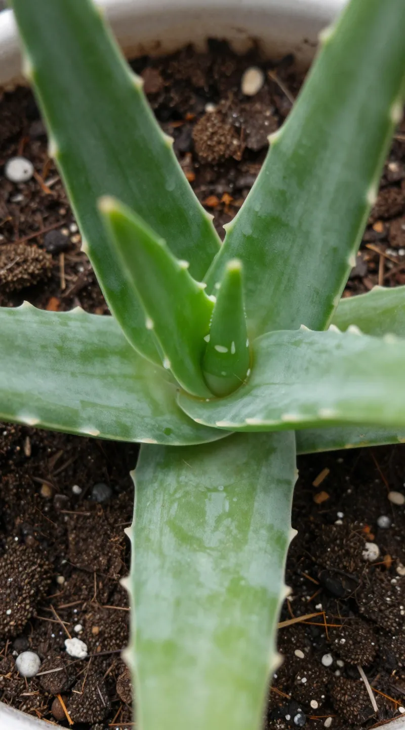 Aloe vera in gritty cactus soil, close-up texture shot