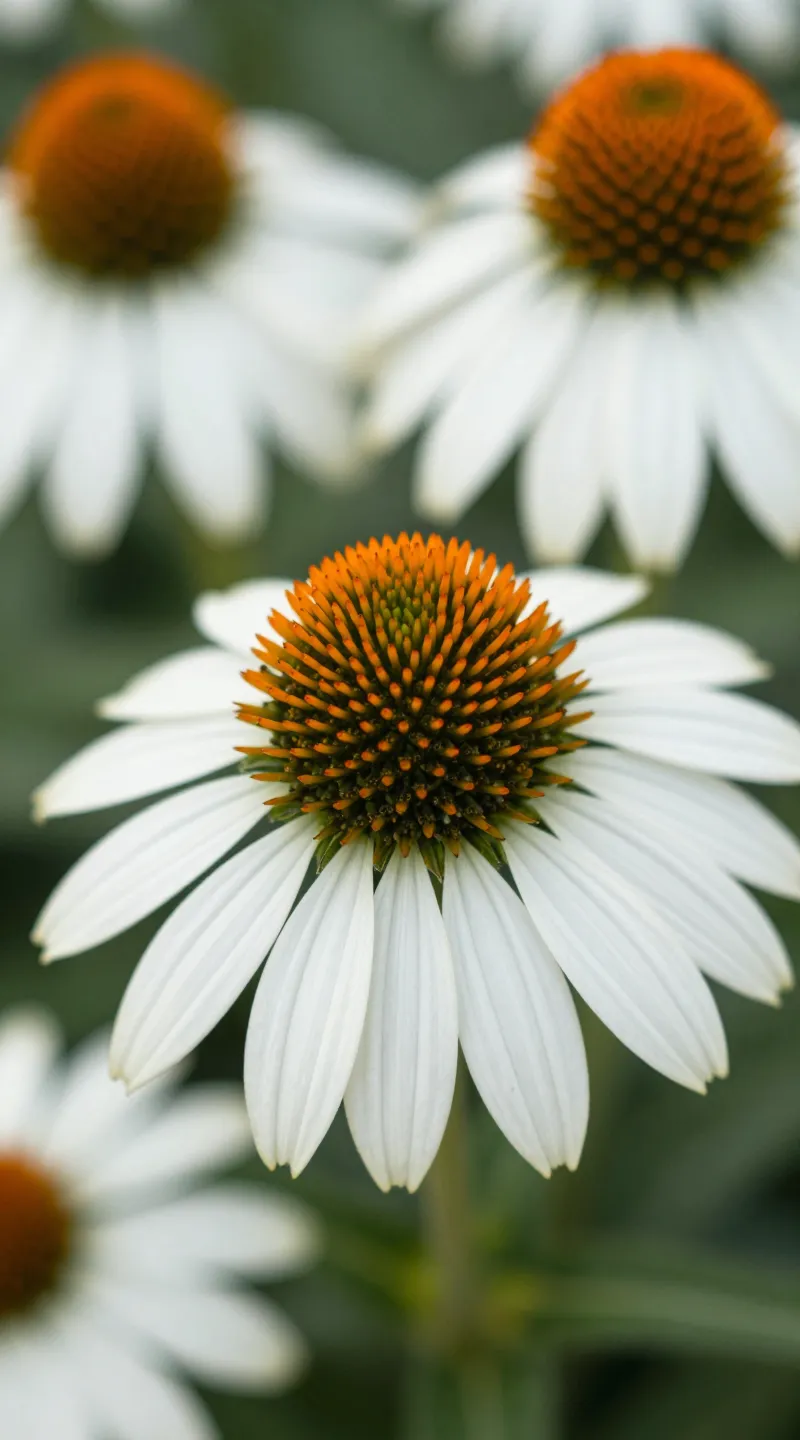 White Echinacea flowers with orange cones, macro shot