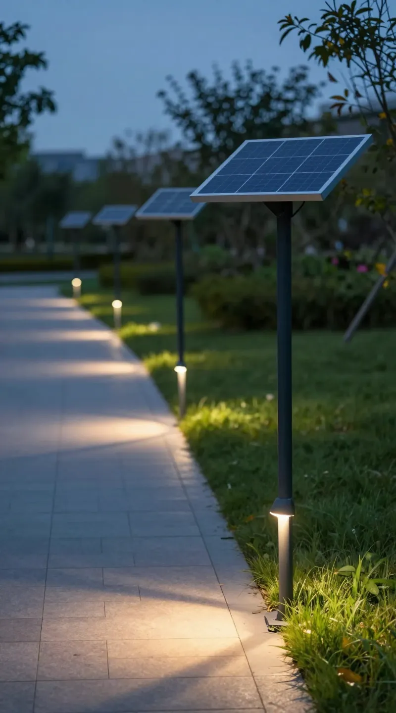 solar path lights extending a garden walkway at dusk