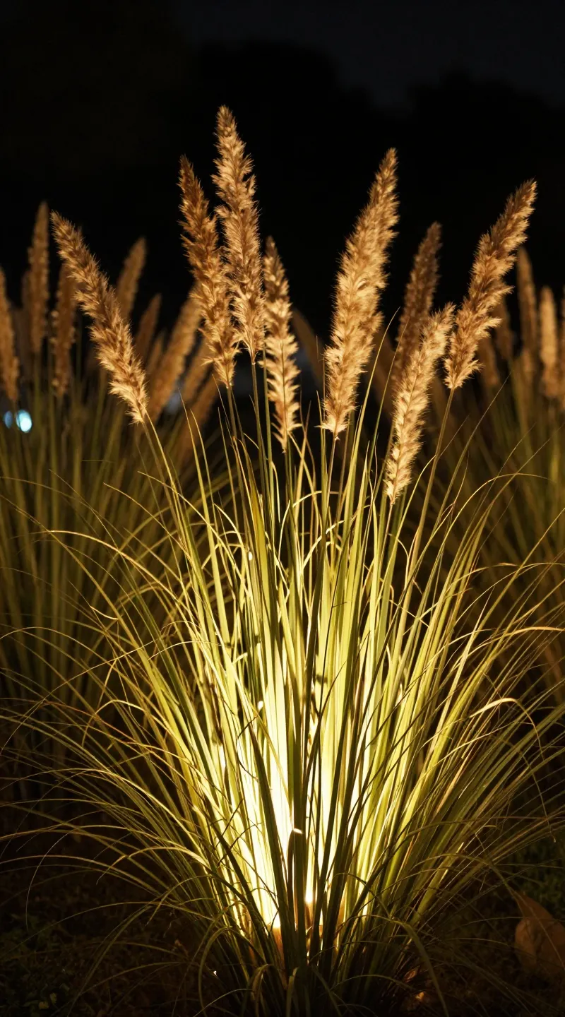 warm uplight on tall ornamental grasses, night scene