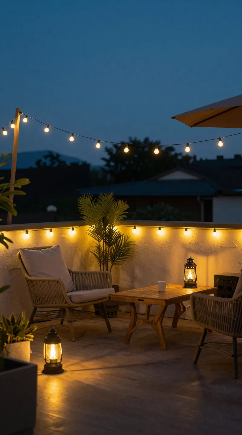 cozy terrace with string lights and lanterns, evening