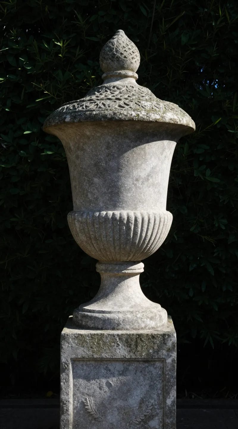 accent spotlight on stone urn, dark hedge backdrop