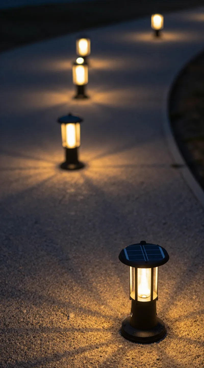 solar lanterns on gravel path, 2700K glow, twilight