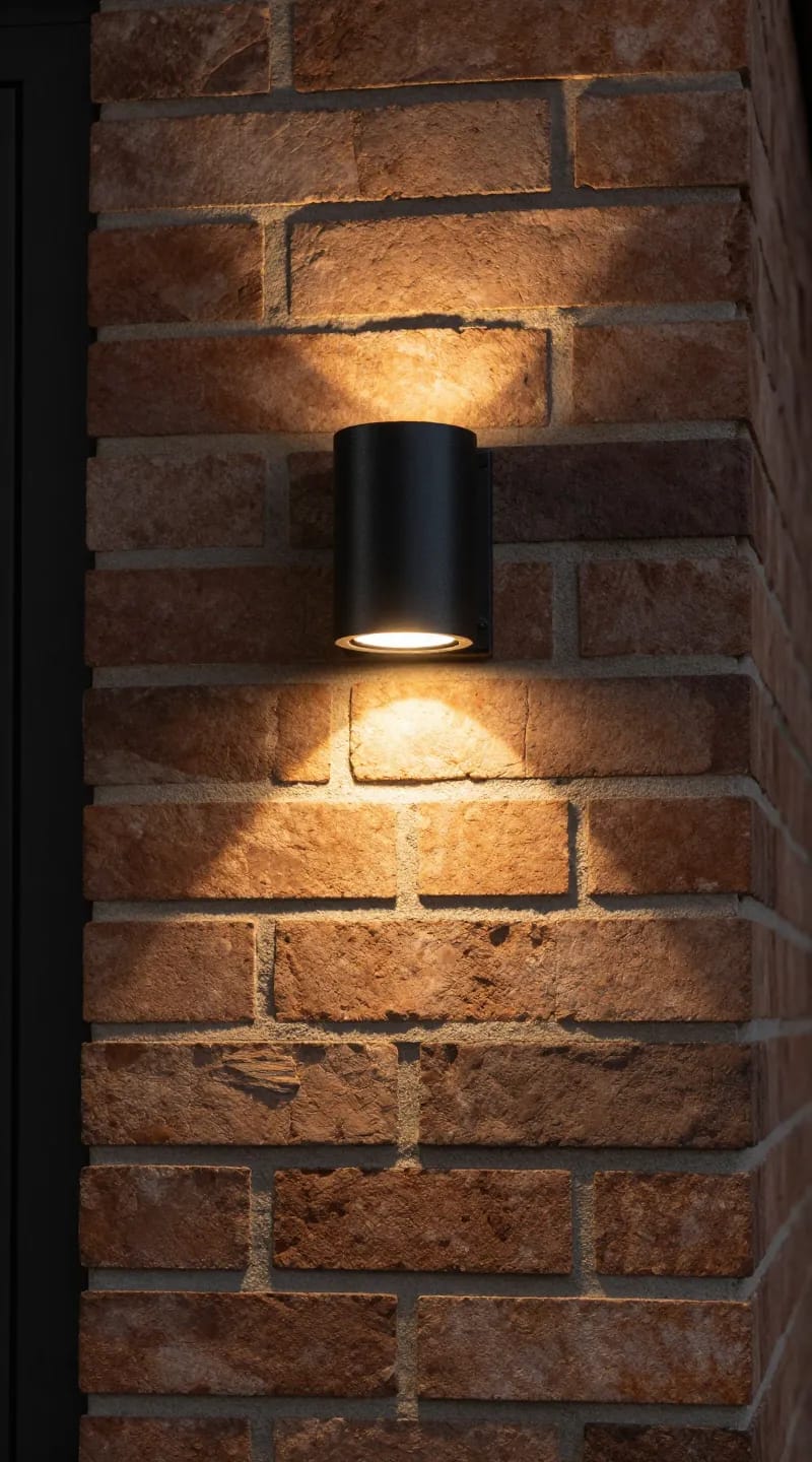 dimmable warm LED wall sconces on brick patio