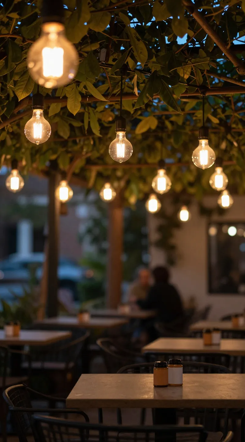 outdoor seating with CRI 90 warm bulbs, evening ambiance