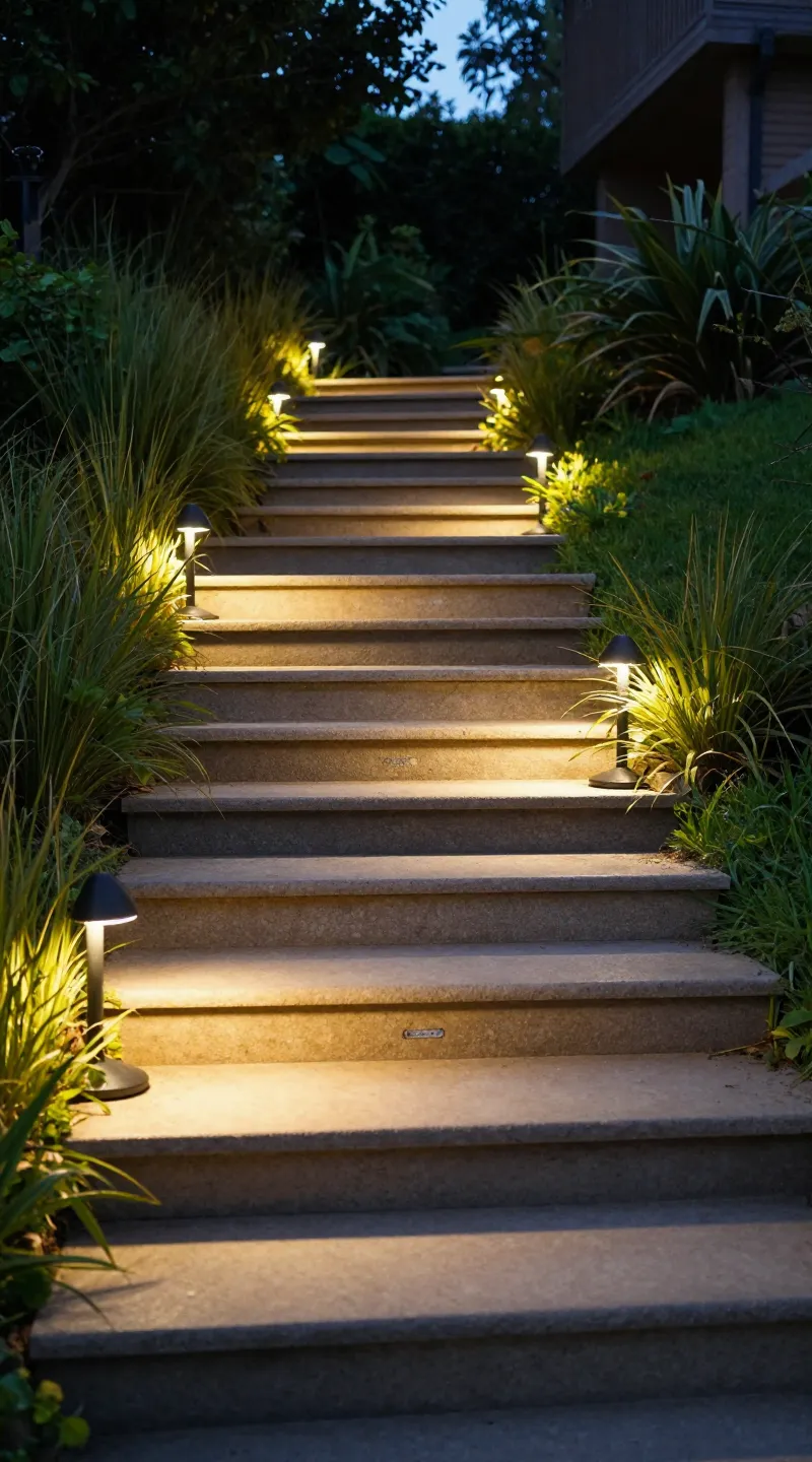 warm path lights along garden steps at dusk