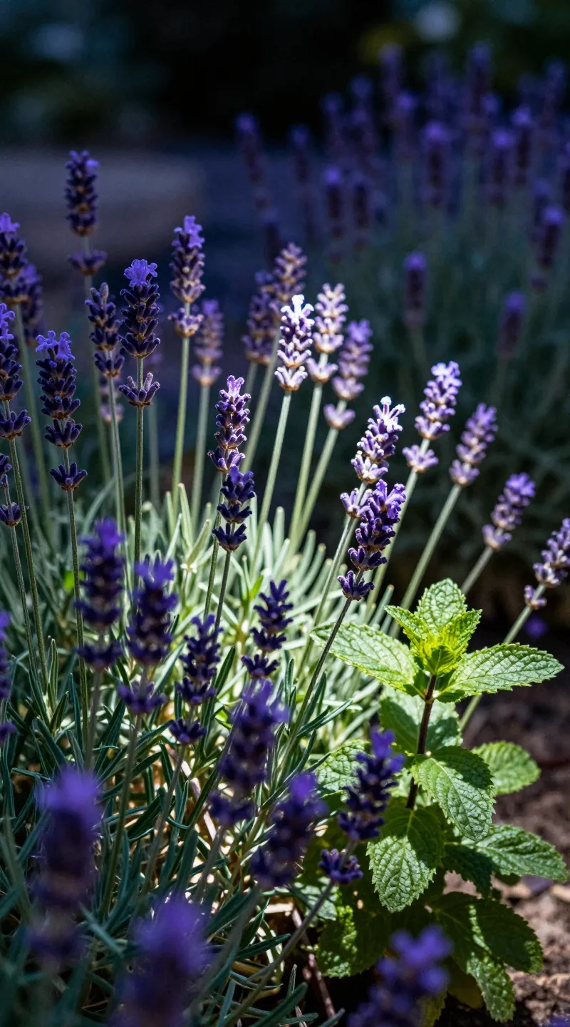 spotlight on lavender and mint plants at night