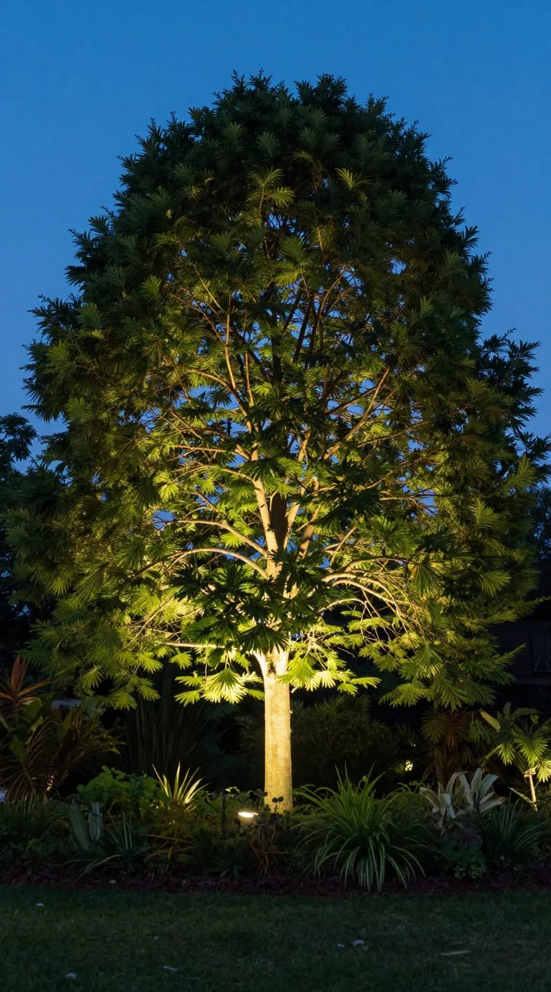 uplighting a single tree canopy in twilight garden