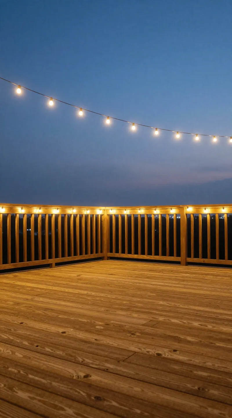 warm white string lights on wooden terrace at dusk