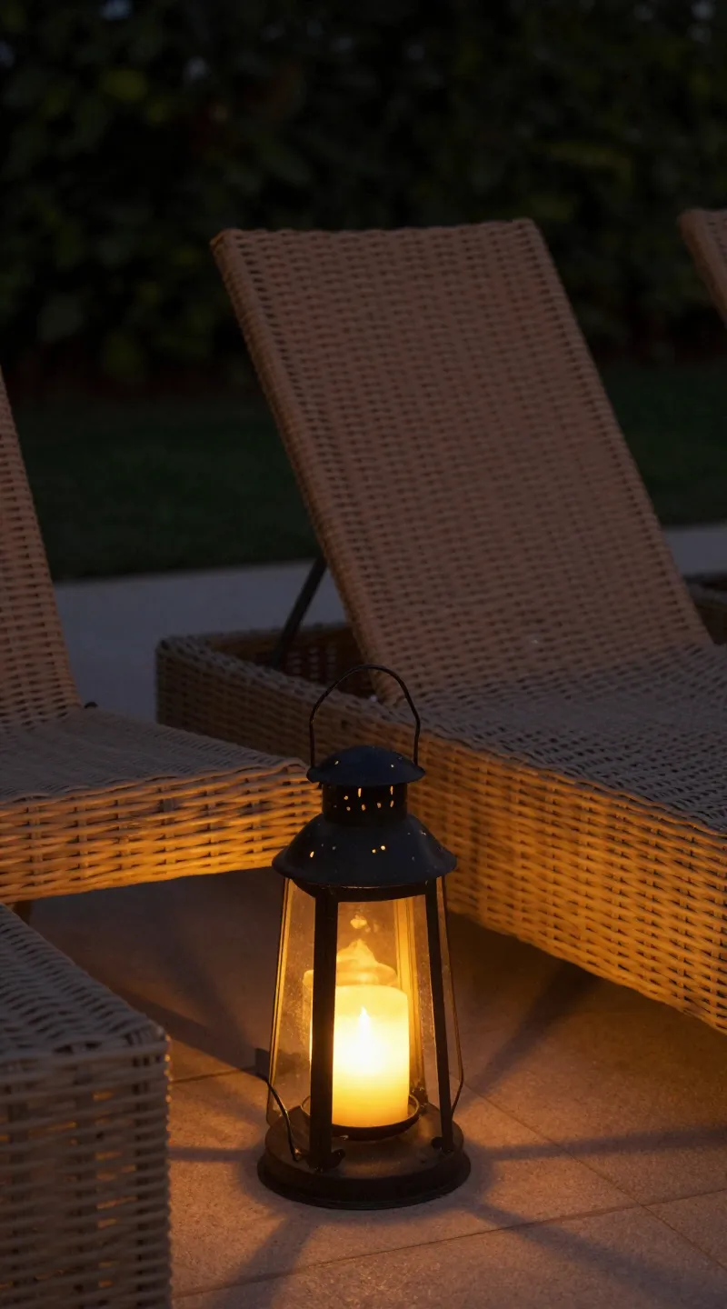 2200K lanterns beside rattan lounge chairs, evening