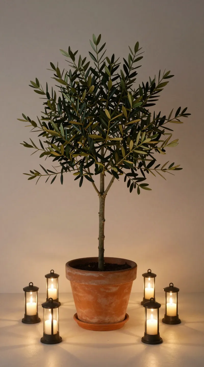 candlelike solar stake lights around potted olive tree
