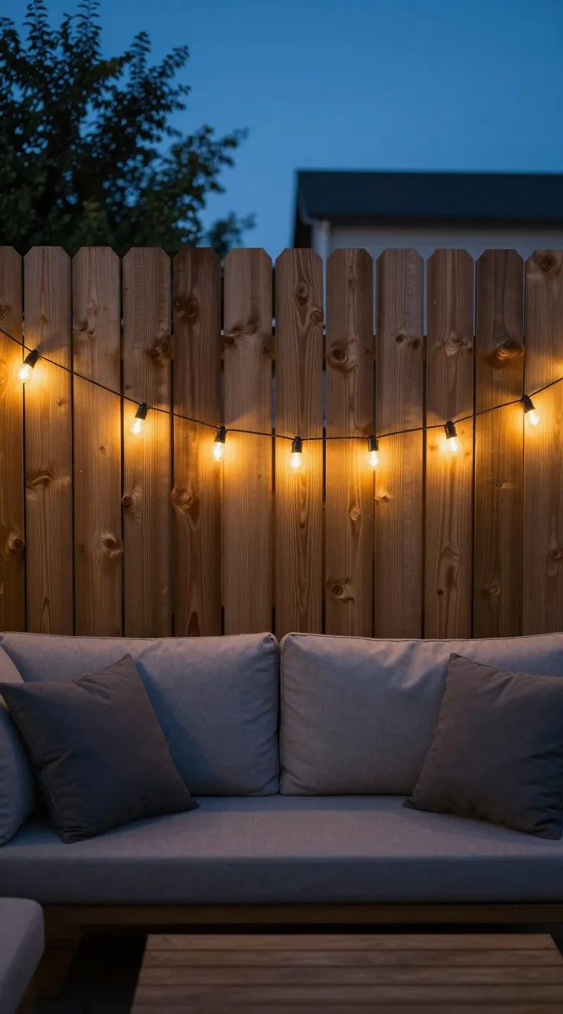 fairy lights on wooden fence behind outdoor sofa, evening