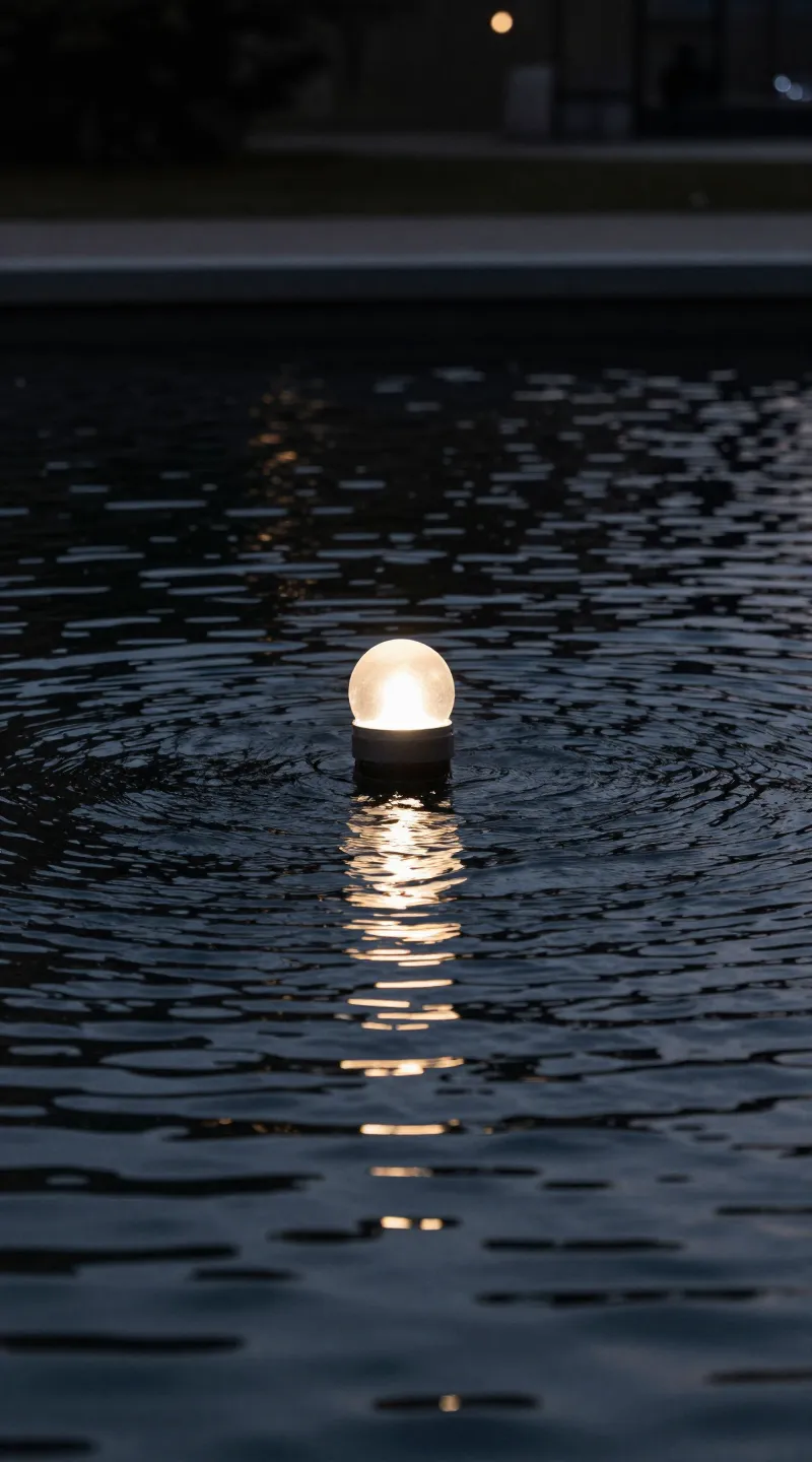 small spotlight on water feature, gentle ripple reflections