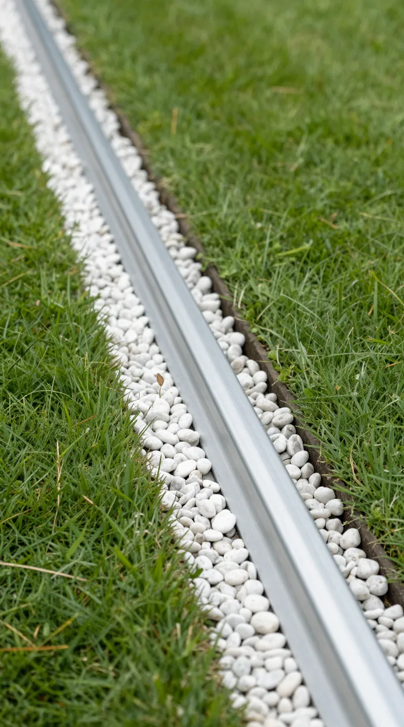 Sleek aluminum lawn edging separating grass and white pebbles
