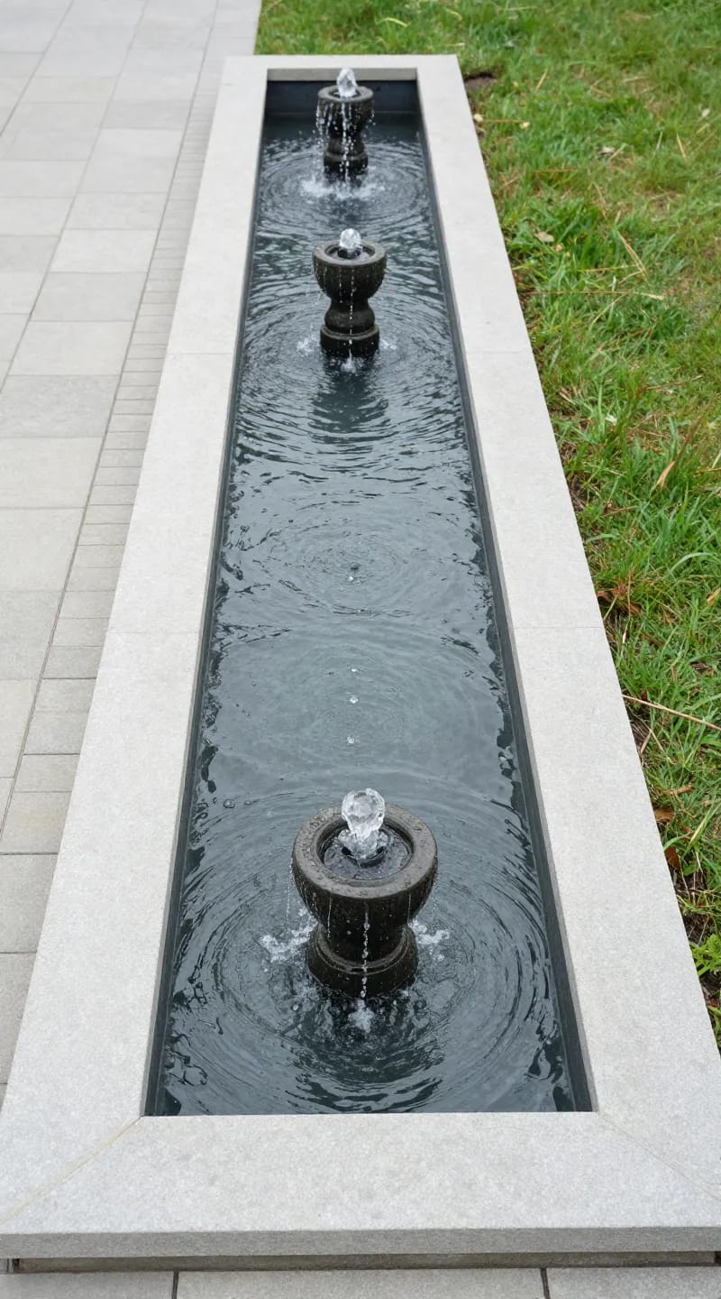 Small modern garden fountain beside straight stone border