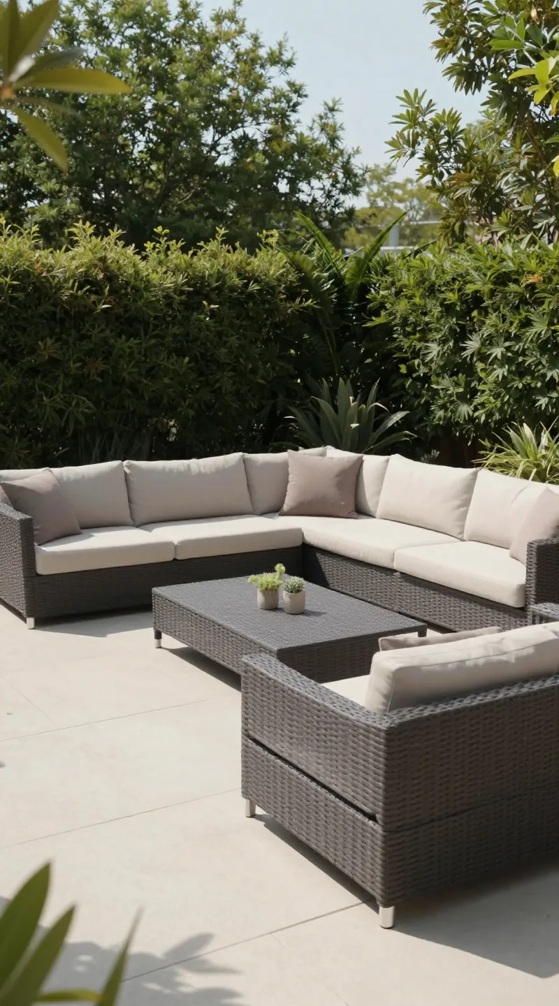 Modular outdoor lounge set in U-shape, sunlit patio