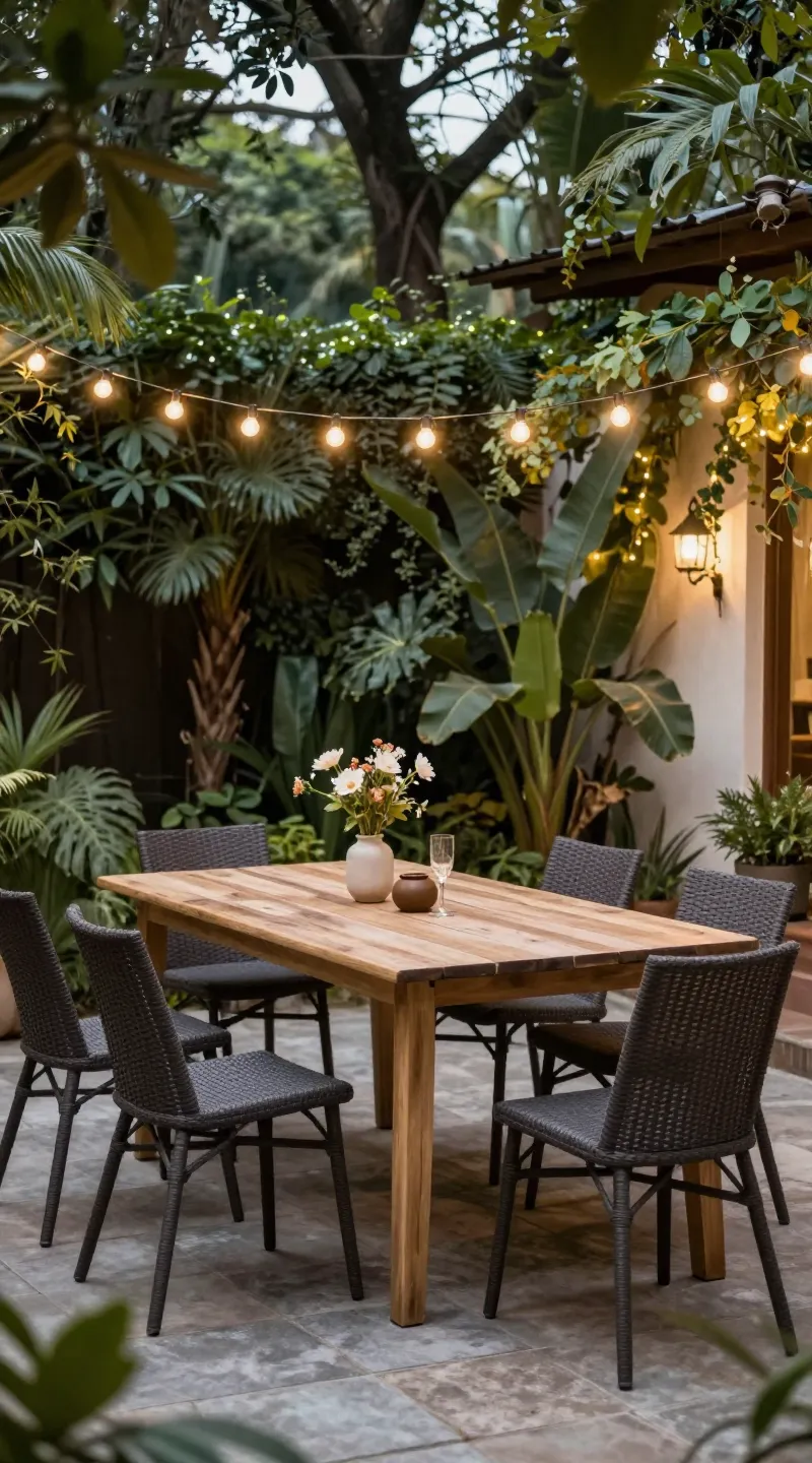 dining table in garden zone with string lights