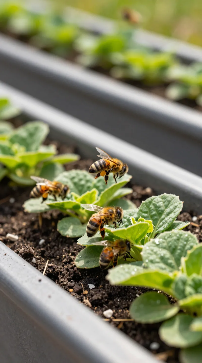 raised planter beds in “Grünlabor” with bees buzzing
