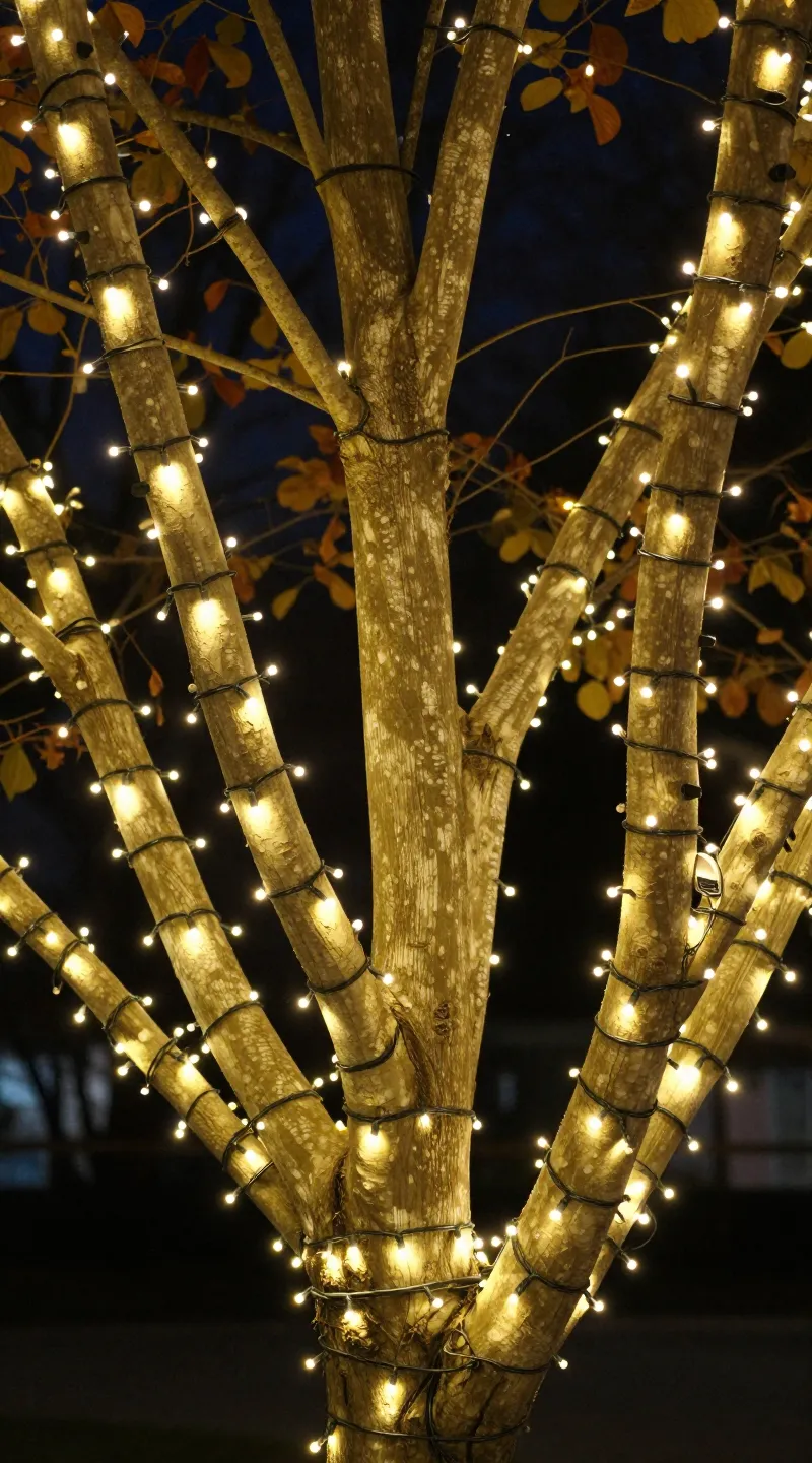 Warm white solar string lights wrapped around tree branches