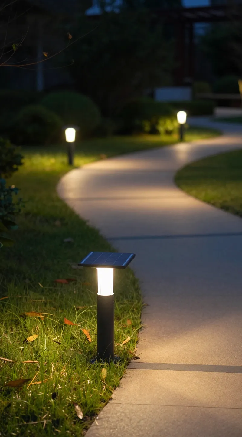 Solarlaternen lining a garden path at dusk, warm glow